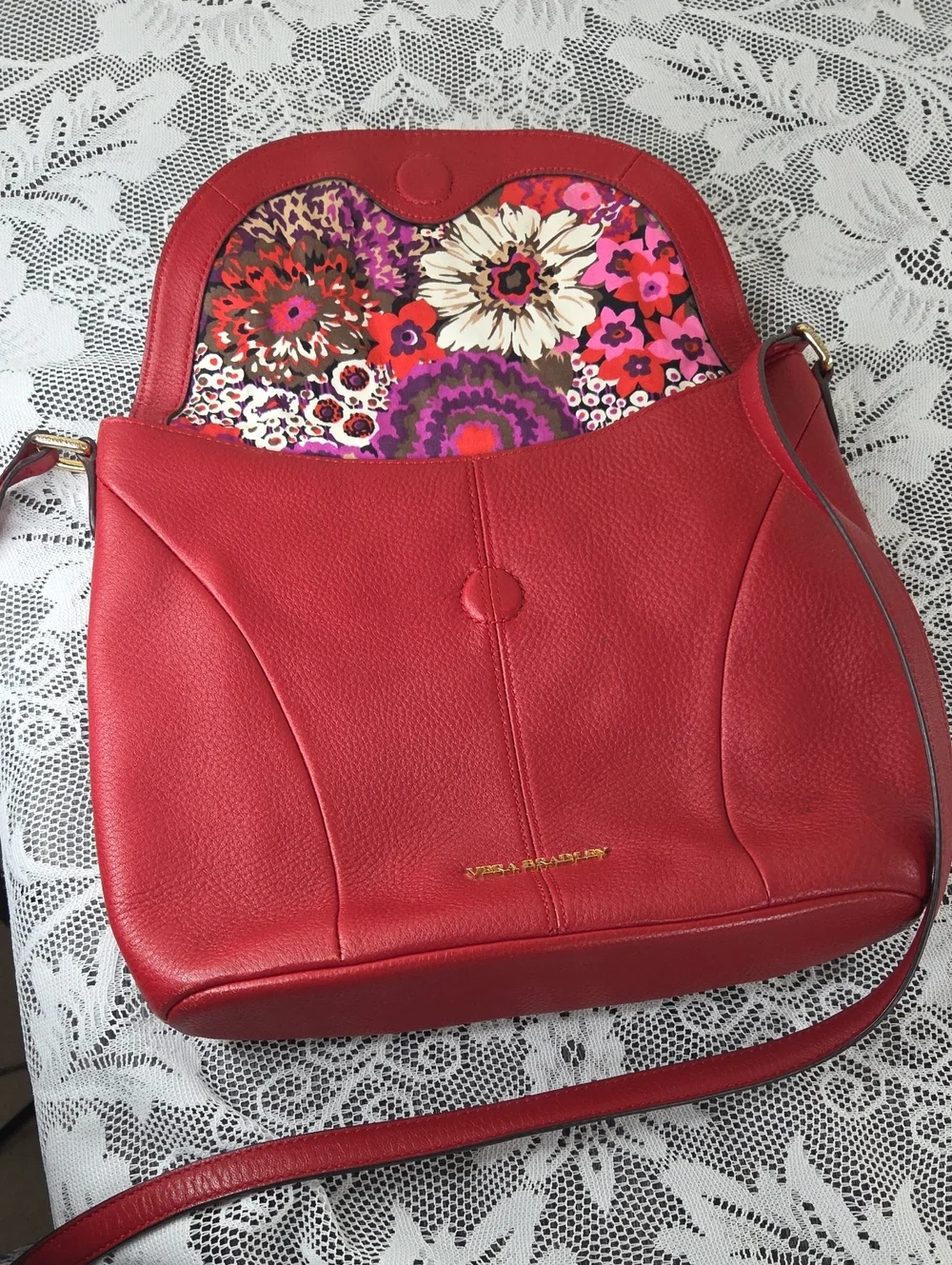 Vera Bradley Alexa Red Pebbled Leather Crossbody Shoulder Bag Adjustable Strap